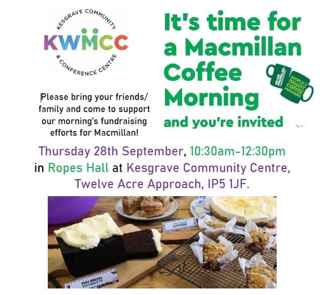 Today is the day! 💚🍰

It's time for a Macmillan Coffee Morning! Taking place at KWMCC Ropes Hall 10:30AM-12:30PM on Thursday 28th September. 

Bring your friends &amp; family; come to support our morning's fundraising efforts for Macmillan!

We can't wait to see you there!