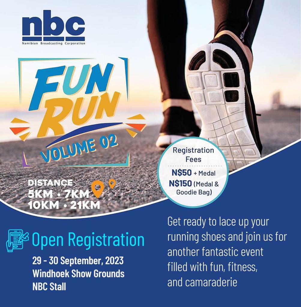 NBCNamibia's tweet photo. Get ready for the NBC Fun Run! 

Registration is open to the public, visit our website https://t.co/mBh4K8N3ON run to secure your spot

Run more, Worry less! 

#NBC
#NBCsport https://t.co/IGt1nVtwZv