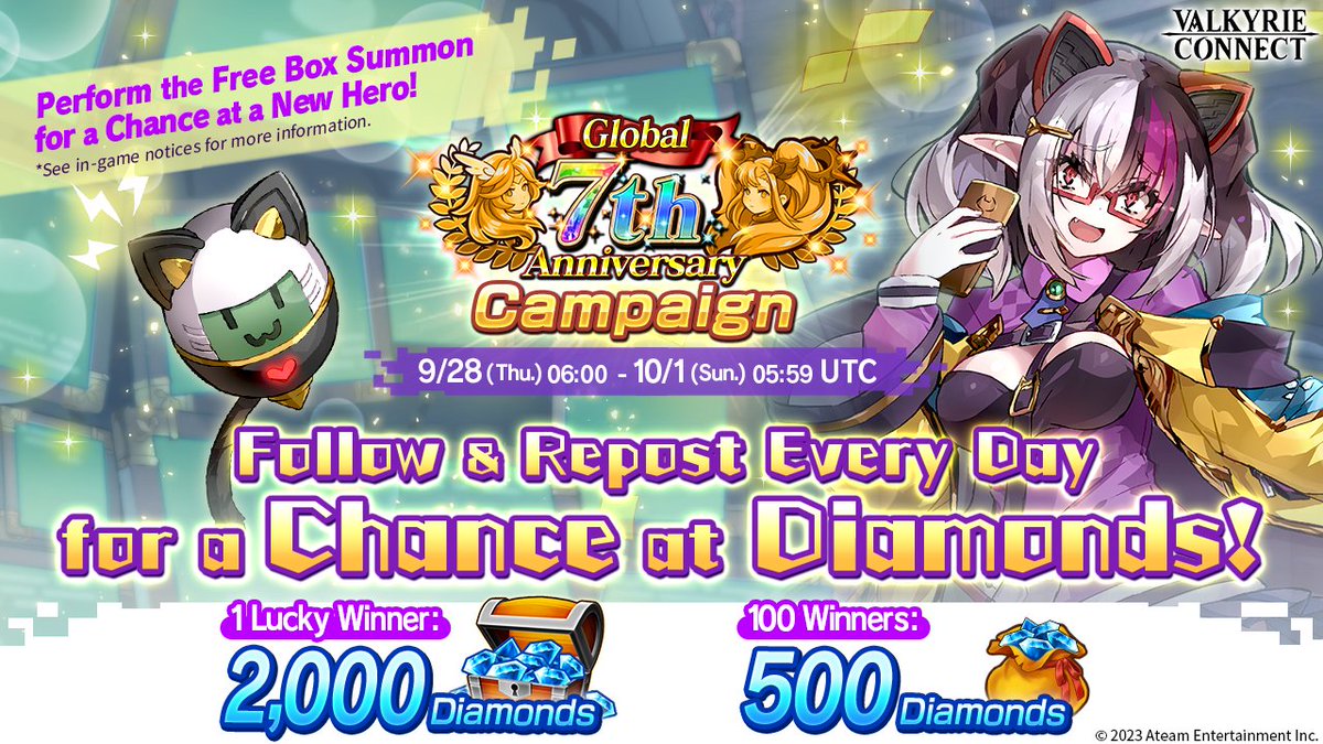 vconnect_en's tweet photo. Global 7th Anniversary Campaign👏

This October, #ValkyrieConnect is celebrating our Global 7th Anniversary!
Celebrate by participating in this 3-day campaign!💎

①Follow @vconnect_en
②Repost this campaign post🔃

Until: 9/29 (Fri.) 05:59 UTC

▼Details
https://t.co/K6wqKaY0L7 https://t.co/mjt682TkDM