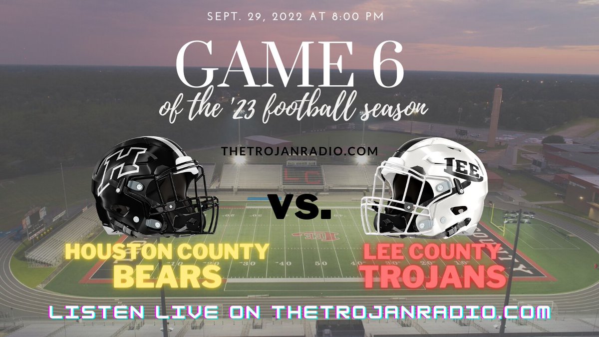 Lee County travels to Warner Robins to take on Houston County on Friday, Sept. 29, at 8 p.m. The game will be carried live on PeachtreeTV as well. theTrojanRadio.com will be on the air at 7:50 p.m. with kickoff at 8 p.m.