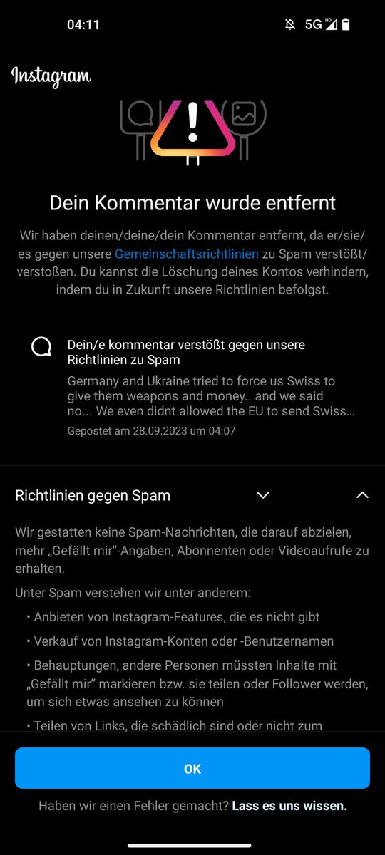 My comment on Insta was bad because i said we didnt send them Guns and even didnt allowed the EU to send Swiss Ammo to Ukraine.... And its got shot down in seconds... Another proof of Propaganda.