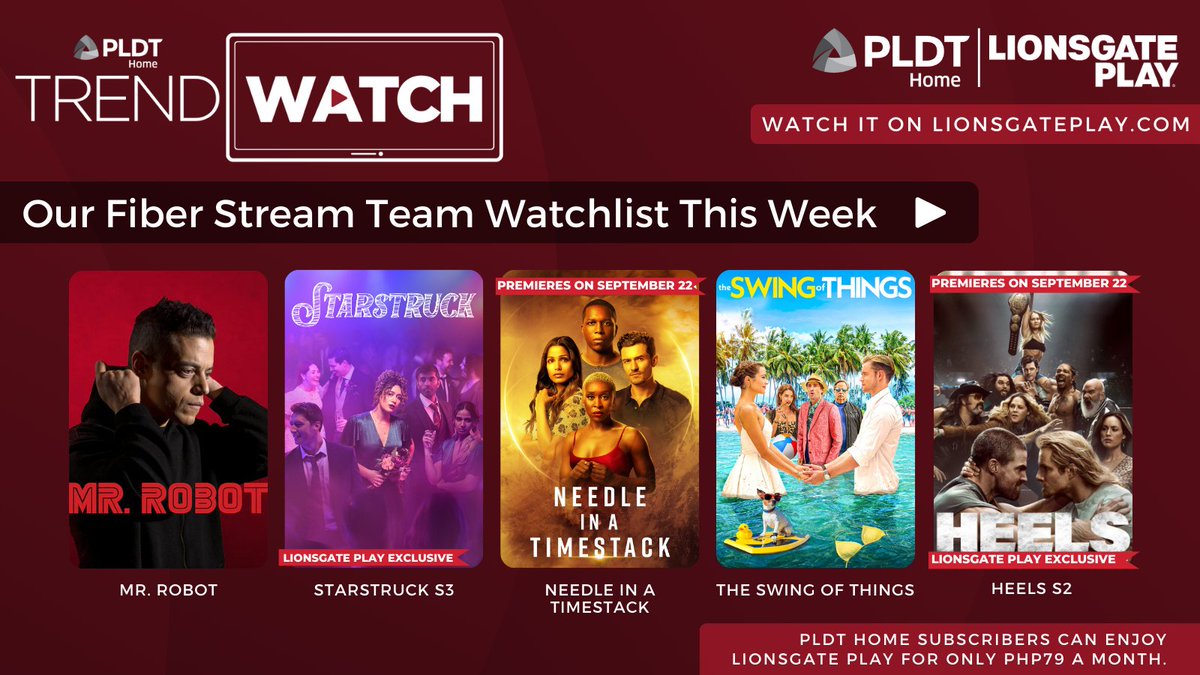 PLDTHome's tweet photo. Canโt wait to #PlayMoreBrowseLess! ๐ฅ
Enjoy UNLI-ENTERTAINMENT on #LionsgatePlay for only P79/month with PLDT Home: https://t.co/YHhNXV9wYJ #PLDTHomeTRENDWATCH
NOW STREAMING:
๐ฏ Mr. Robot
๐ฏ Starstruck S3
๐ฏ Needle in a Timestack
๐ฏ The Swing of Things
๐ฏ Heels S2 https://t.co/jdVI0exkWg
