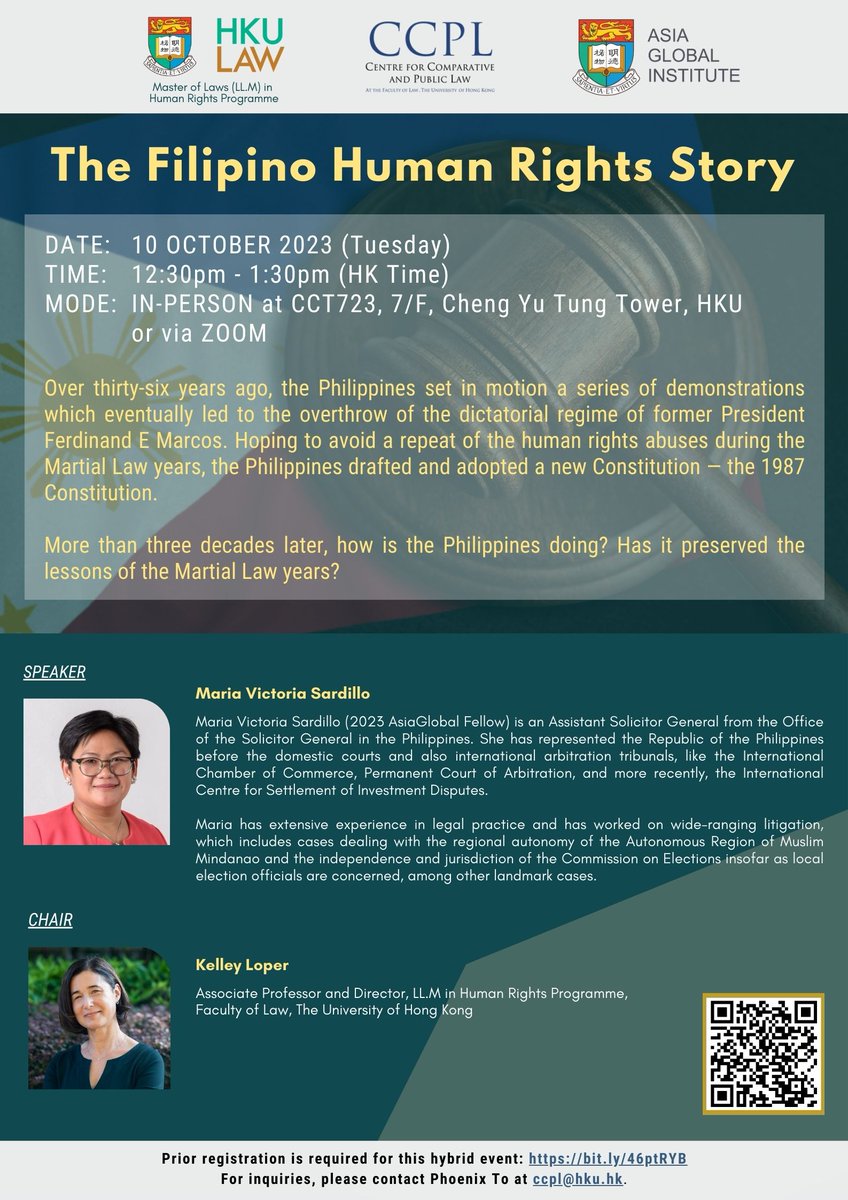 CCPL at HKU (@ccplhku) on Twitter photo It is our pleasure to have another <a href="/AsiaGInstitute/">Asia Global Institute</a> 2023 AsiaGlobal Fellow Maria Victoria Sardillo as the speaker for the seminar on 10 Oct, where she will provide an overview of the constitutional development and human rights practices in the Philippines! bit.ly/46ptRYB It is our pleasure to have another <a href="/AsiaGInstitute/">Asia Global Institute</a> 2023 AsiaGlobal Fellow Maria Victoria Sardillo as the speaker for the seminar on 10 Oct, where she will provide an overview of the constitutional development and human rights practices in the Philippines! bit.ly/46ptRYB