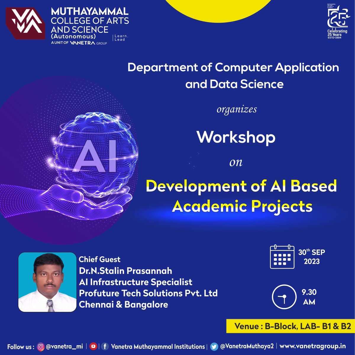 VanetraMuthaya2's tweet image. Department of Computer Application and Data Science organizes a Workshop on Development of AI Based Academic Projects on 30.09.2023.

#workshop #workshops2023 #workshop #AI #ai #artificialintelligence #artificialintelligencetechnology #mcas #vanetra #vanetra_mi