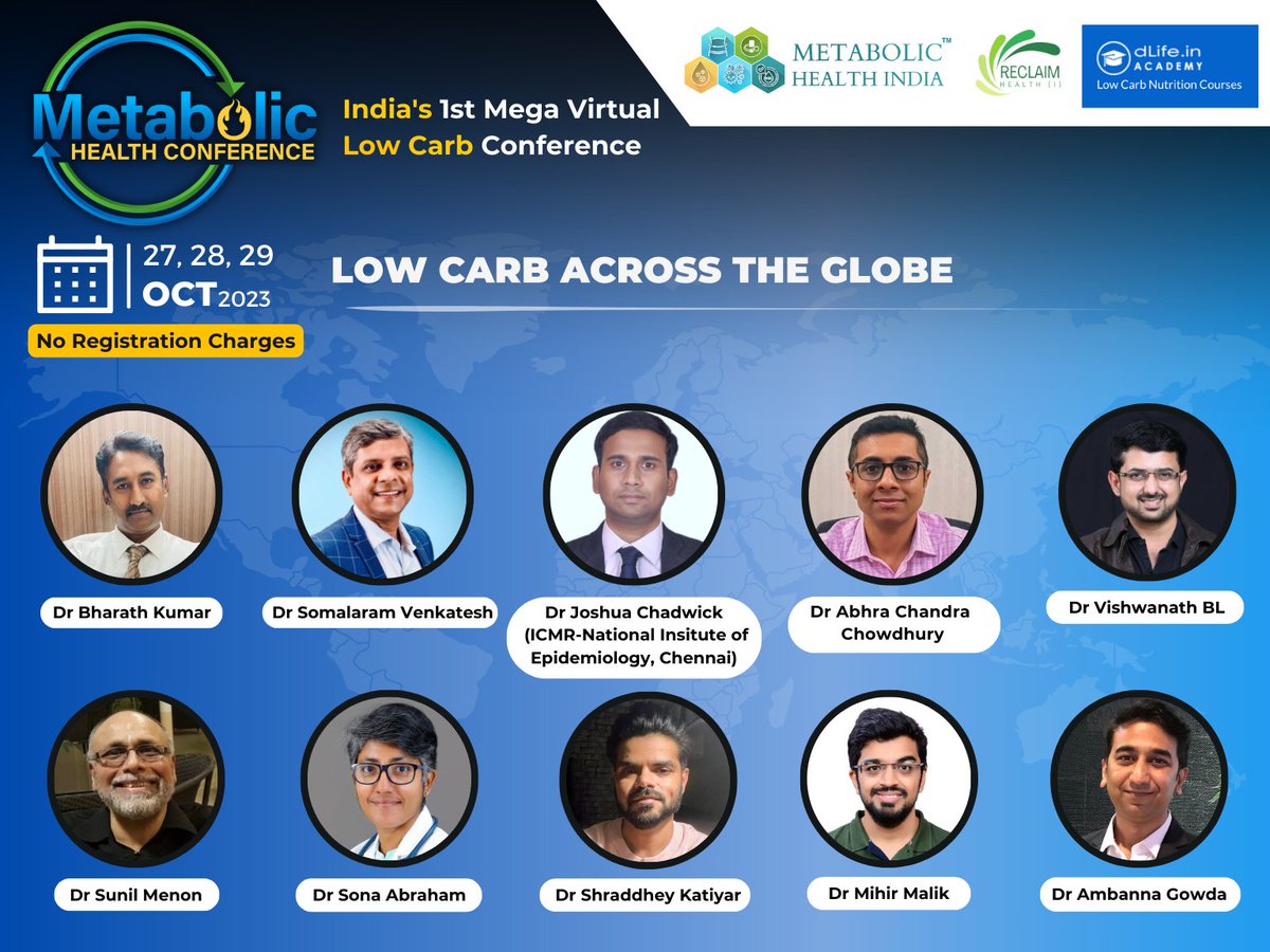 shashiiyengar's tweet photo. 4) Thread on the final list of guests:
Metabolic Health Conference
India’s 1st Mega Virtual Low Carb Conference

Theme: Low-Carb Across the Globe

Dates: 27th, 28th, &amp; 29thOct 2023
Registration Fees: Zero
Await the registration link
@dlifein @BlBlvishwa
#MHC2023 #MHCindia2023 https://t.co/SMSrWED3Ea