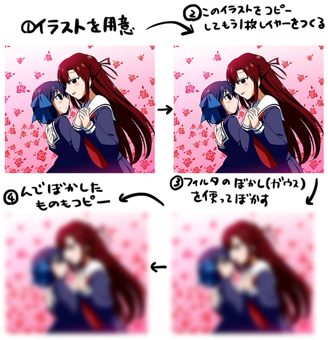 以前「グロー効果」について解説した画像が出てきたので久しぶりに載せておきます。(解説は雑ですが😅よかったらイラスト制作の参考になれば幸いです～🙇‍♂️)