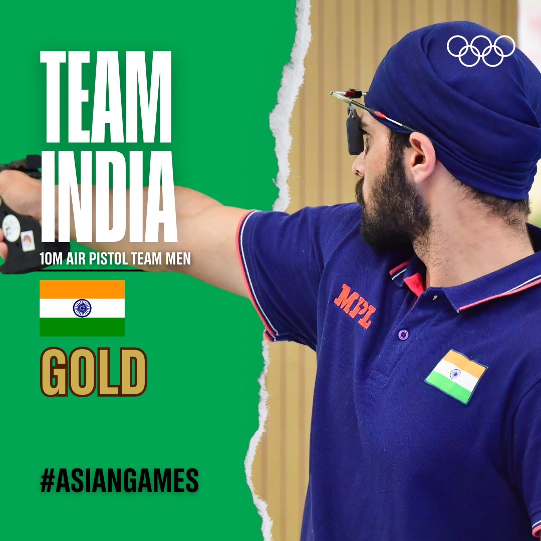 OlympicKhel's tweet photo. Shooting 𝐆𝐎𝐋𝐃🇳! 🙌

The trio of Sarabjot Singh, Shiva Narwal and Arjun Singh Cheema clinch 🥇 in the men's 10m Air Pistol event. 

#AsianGames | #IndiaAtAsianGames | #RoadToParis2024 https://t.co/sCxmXDopH7