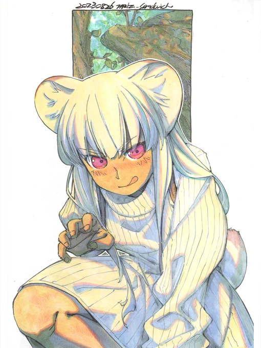 【アナログ2006:冬に備えるオコジョ】可愛いけど獰猛。耳と尻尾の先が黒い。A4色紙。#水彩 #原画 #オコジョ #色紙 