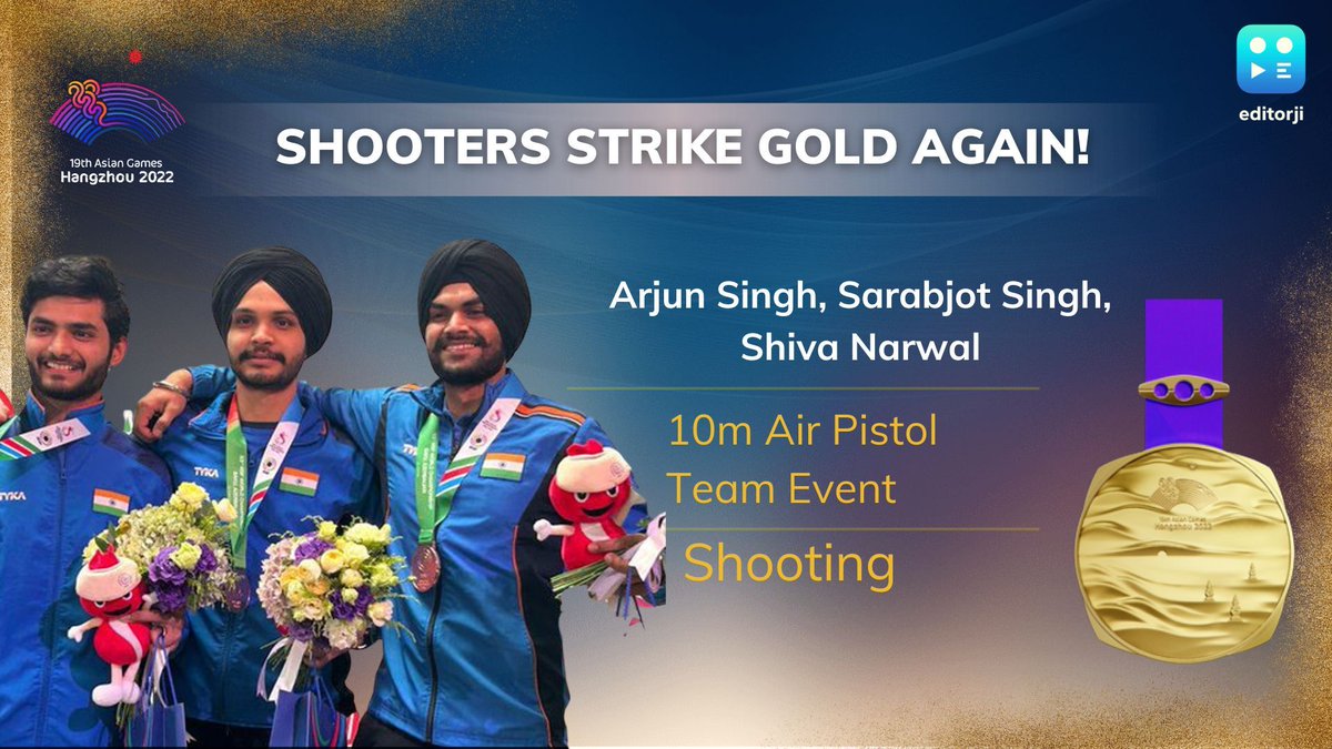 editorji's tweet photo. #AsianGames2023 | Trio of Arjun Singh Cheema, Sarabjot Singh and Shiva Narwal strike gold in 10m Air Pistol team event. 🇮🇳🥇
India's 6th gold in Asian Games 2023 takes overall medal tally to 24.
#ArjunSinghCheema #SarabjotSingh #ShivaNarwal
Read: https://t.co/BWSW4GWXmW https://t.co/3UcvNhztVC