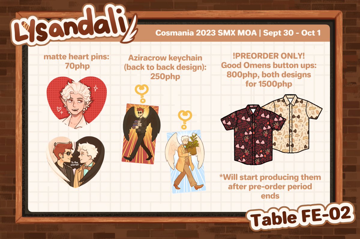 lysa_ndali's tweet photo. [RTs Appreciated! ☕️] 

*barges in* hai here's my Cosmania Catalogue! Mostly selling stickers of different fandoms and good omens merch 🫶

I'll be in table FE-02 with other cool artists so feel free to drop by!

#CosplayMania2023 #FanFairAtCosplayMania2023 https://t.co/5XQQps5j0R