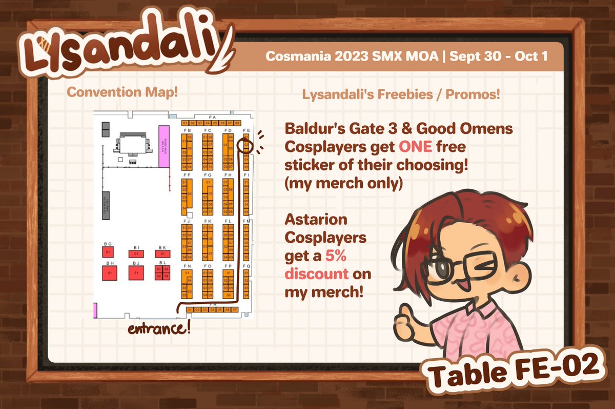 lysa_ndali's tweet photo. [RTs Appreciated! ☕️] 

*barges in* hai here's my Cosmania Catalogue! Mostly selling stickers of different fandoms and good omens merch 🫶

I'll be in table FE-02 with other cool artists so feel free to drop by!

#CosplayMania2023 #FanFairAtCosplayMania2023 https://t.co/5XQQps5j0R