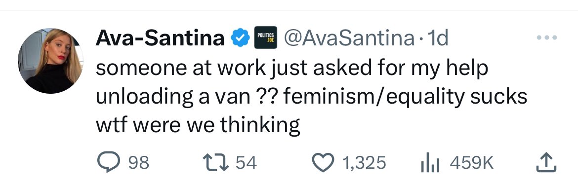 Bigandy1978's tweet photo. @AvaSantina feminist when it suits you 🤷🏻‍♂️🤷🏻‍♂️ How can you expect to be taken seriously??
I’m delighted to be walking my eldest daughter down the aisle on Saturday. Not only is she a strong person, but she also knows how let a man into her life. It’s healthy. https://t.co/Uq9cUARLiQ