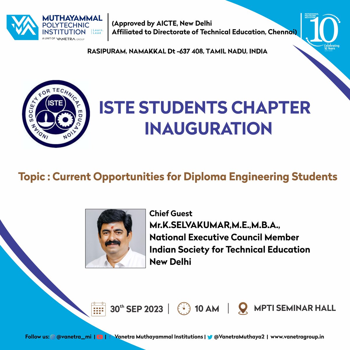 VanetraMuthaya2's tweet photo. Muthayammal Polytechnic Institution organizes ISTE Students Chapter Inauguration on 30.09.2023.
#iลte #StudentChapter #studentchapter #studentchapters https://t.co/6KJ6ZawUns