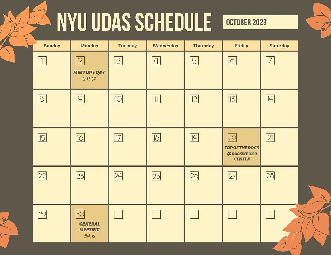 Hello 👋 This is what the October UDAS Schedule will look like. Individual event details will be posted soon. Looking forward to seeing you all at our events!