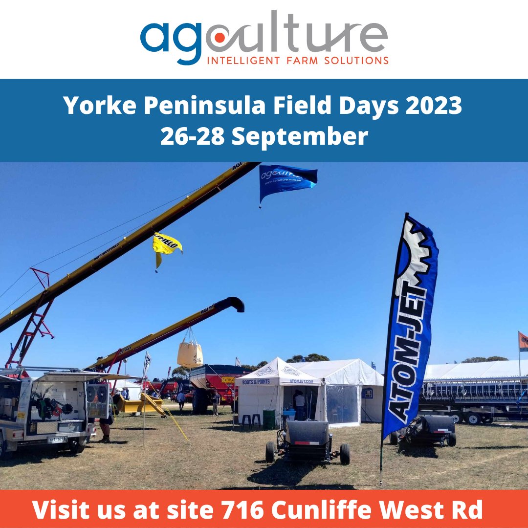 Agculture1's tweet photo. Last day of the Yorke Peninsula Field Days. Come and see the team at site #716 Cunliffe West Road, ask about our Field Day specials and check out what's new from AG Culture   #ypfd2023 #ypfielddays #yorkepeninsulafielddays #AgriculturalFieldDays #ypfd2023 https://t.co/4CzTG6amK6