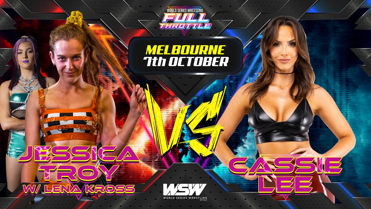 WSWWrestlingAUS's tweet photo. BREAKING NEWS!

The second match officially announced for Night Two of the our #fullthrottle tour in Melbourne sees the former @wwe star @cassielee in her FIRST SINGLES MATCH since her return battle @jessicatroypro.

LFG!!!

#wsw2023 #melbourne #iiconic https://t.co/5uKreUQKUJ