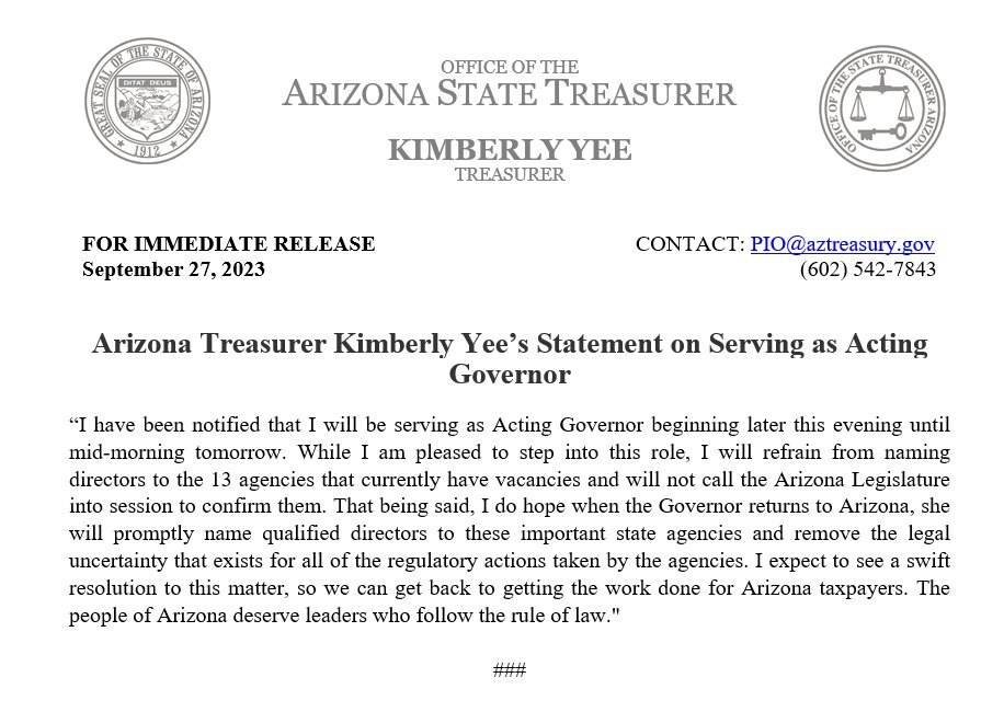 BREAKING: As of right now, Katie Hobbs is not the Governor of Arizona, Republican Kimberly Yee the state treasurer is currently the Acting Governor. The reason is unknown. Katie Hobbs shouldn't even be governor, the 2022 election was clearly rigged against Kari Lake