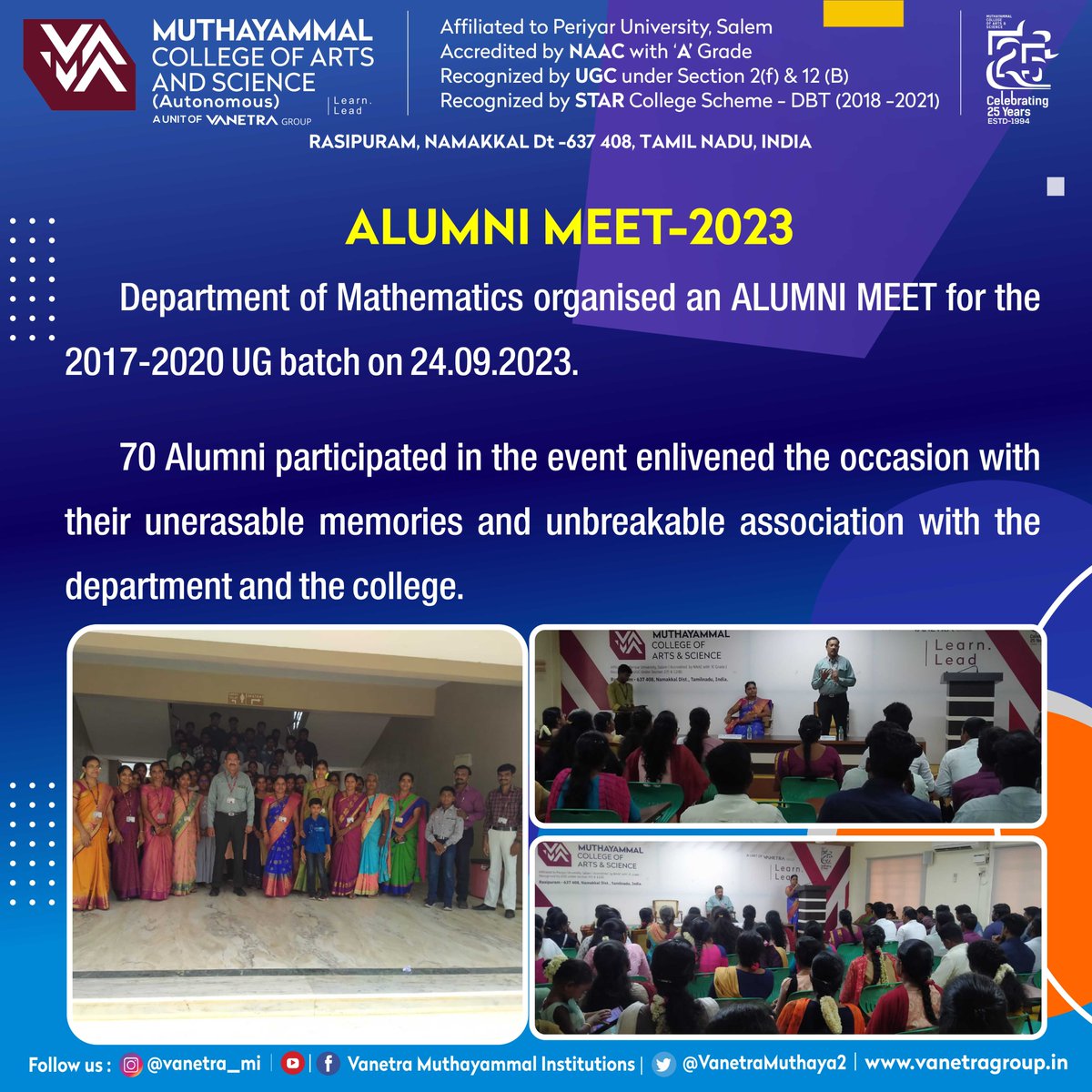 VanetraMuthaya2's tweet photo. Department of Mathematics organized Alumni Meet 2023 for the 2017-2010 Batch on 24.09.2023.

#alumni #alumniassociation #AlumniMeet #alumnimeet #AlumniMeetup #alumnimeeting #AlumniMeet2023 #gettogether #gettogethers #gettogether2023 #mcas #vanetra_mi #vanetra https://t.co/E9Amrf56OV