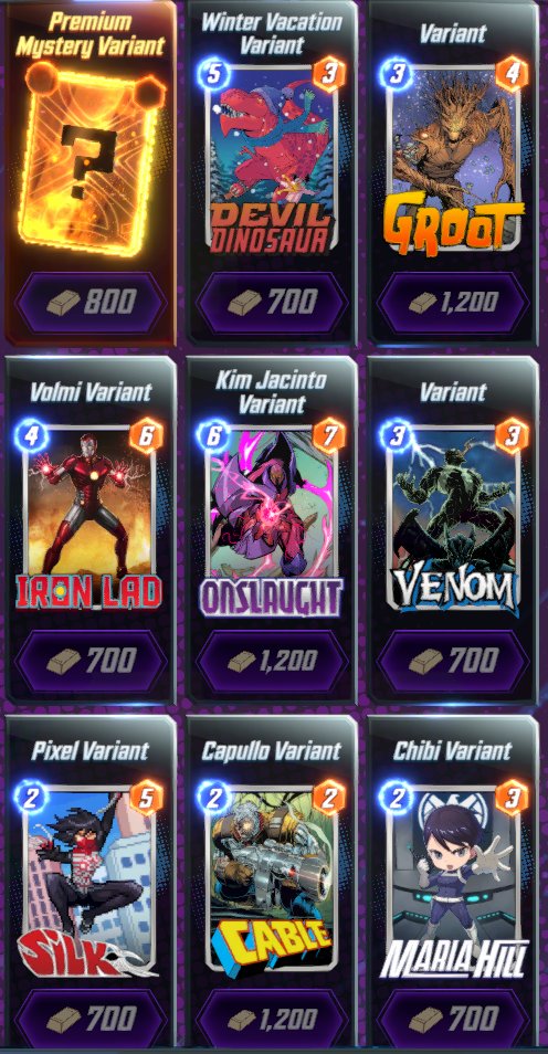 dddrewsky's tweet photo. 🛍️ Daily Offer for Variants! 🛍️
BEST Onslaught?! Does anyone have it animated? I've been waiting forever for Venomized Silk. Venom is cool but I've been wanting his Hipp now. 😢
What's in your shop?! Make us jealous! 👀
#MarvelSnap #variants #DailyOffer https://t.co/jGEXIDGfzY