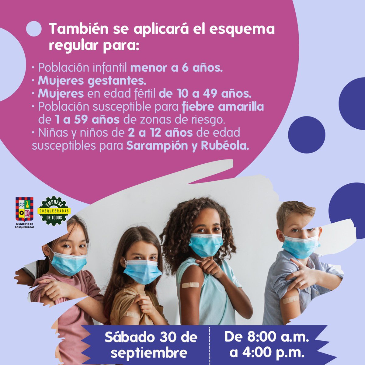 secresaludosque's tweet photo. ESTE SÁBADO, VACUNATÓN CONTRA EL VPH

⏰ Desde las 8 a.m. hasta las 4 p.m. estarán habilitados 11 puntos de vacunación en el Municipio, para la Vacunatón 💉 contra el Virus del Papiloma Humano  para niñas 👧🏻 y adolescentes 👩🏽 de 9 a 17 años, y por primera vez, niños de 9 años 🧑🏼 https://t.co/pwZA3gzFuL