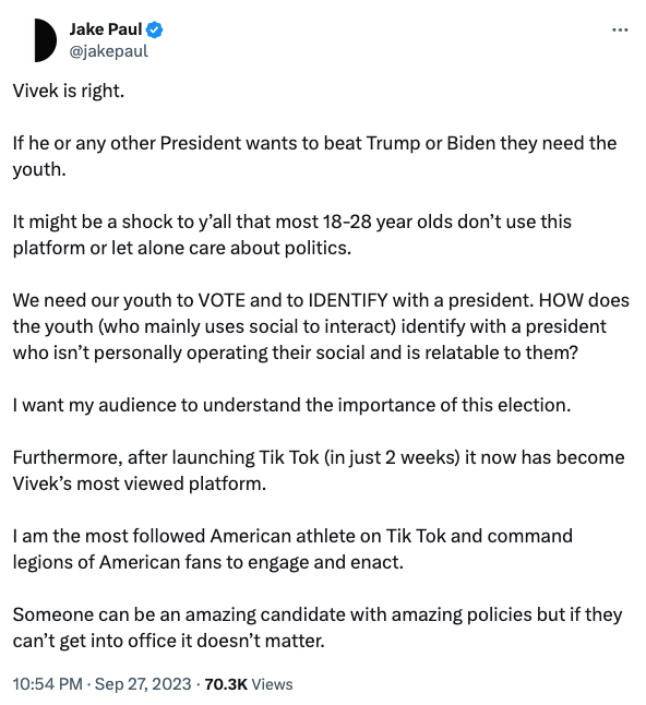 MattBinder's tweet photo. jake paul you dumb shit 

vivek doesn't even want 18-24 year olds to be able to vote https://t.co/ipRRPrh3Uk