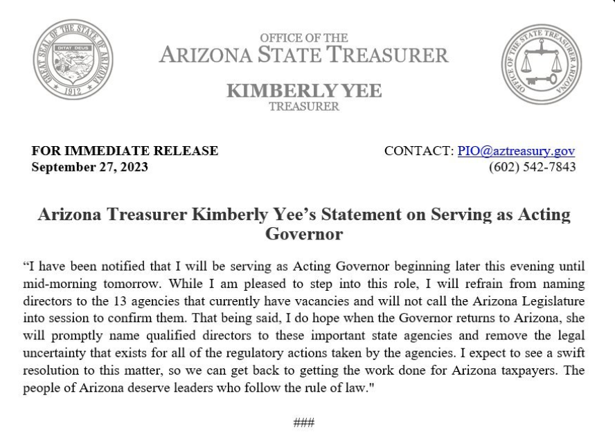 JUST IN -- As of this evening, Katie Hobbs is not the Governor of Arizona. Republican Kimberly Yee the state treasurer is currently the Acting Governor. The reason is unknown.