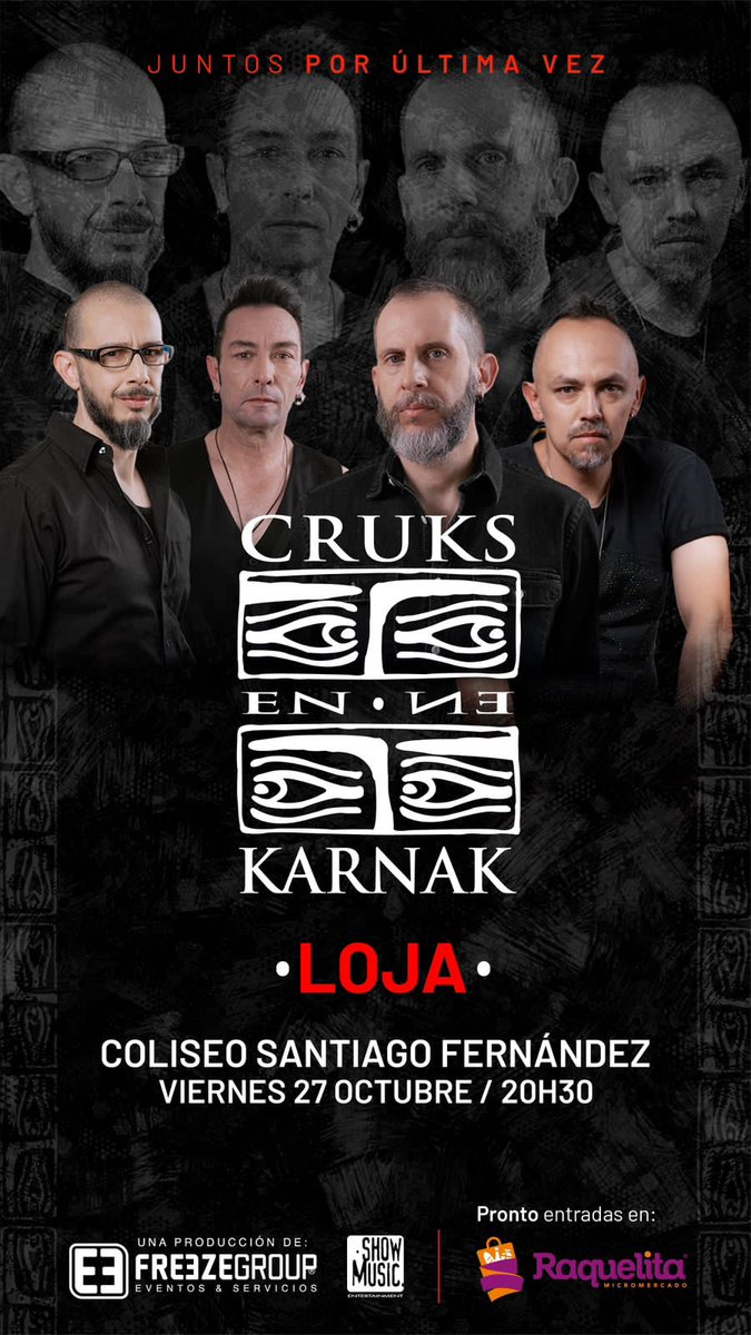 Loja hace historia 🎶 17 años después Cruks🎙️¡El Ultimo Baile! 🎸
La banda más importante d nuestra música 🇪🇨🎶 juntos × última vez!
🗓️ 27 d octubre
🤝Coliseo Santiago Fernández 
🎫 Pronto entradas en Micromercado Raquelita 🎹
Producción Freezegroup, Show Music Entertainment 🎧