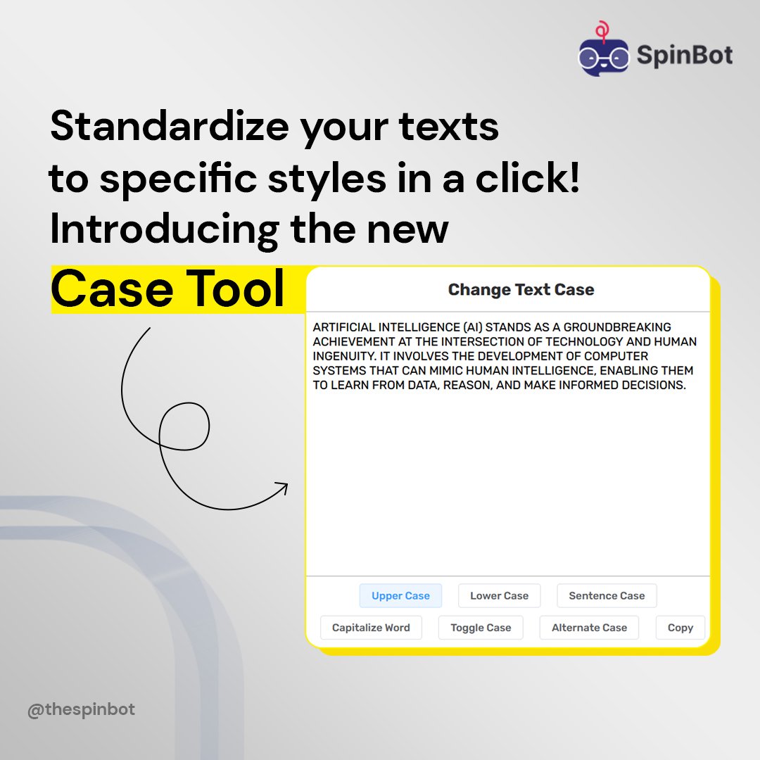 spinbotofficial's tweet photo. Elevate your writing game with the all-new Case Tool โ where style meets simplicity! โ๏ธ
#TextStylingElegance #CaseToolPerfection #spinbot #explore #aitool #CaseToolMagic #StyleMastery #TextTransformation https://t.co/eObYJpcDYi