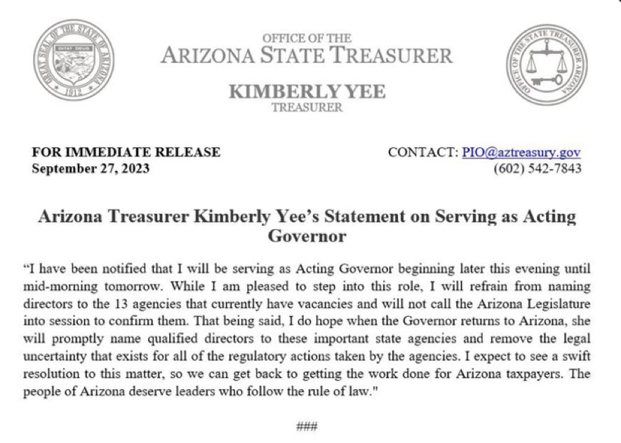 officer_Lew's tweet photo. BREAKING🚨: As of this evening, Katie Hobbs is not the Governor of Arizona. 

Republican Kimberly Yee the state treasurer is currently the Acting Governor. The reason is unknown. https://t.co/BTSOhB4Uq5