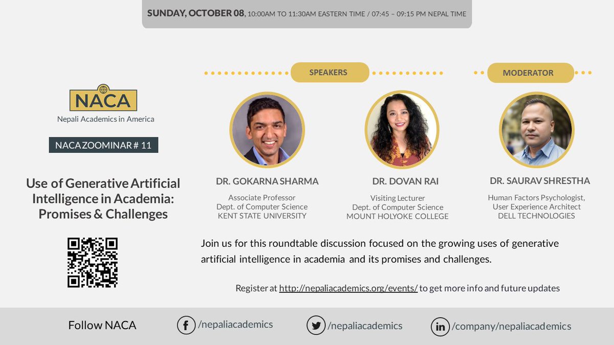 Join our next webinar on the growing use of ChatGPT and other generative AI in academia, featuring three panelists <a href="/gokarna/">Gokarna Sharma, Ph.D.</a> <a href="/dovan_rai/">dovan rai</a> &amp; Saurav Shrestha. Learn more at nepaliacademics.org/event-5434834 #NepaliAcademics #NepaliAcademics #NepaliDiaspora #AIinHigherEd