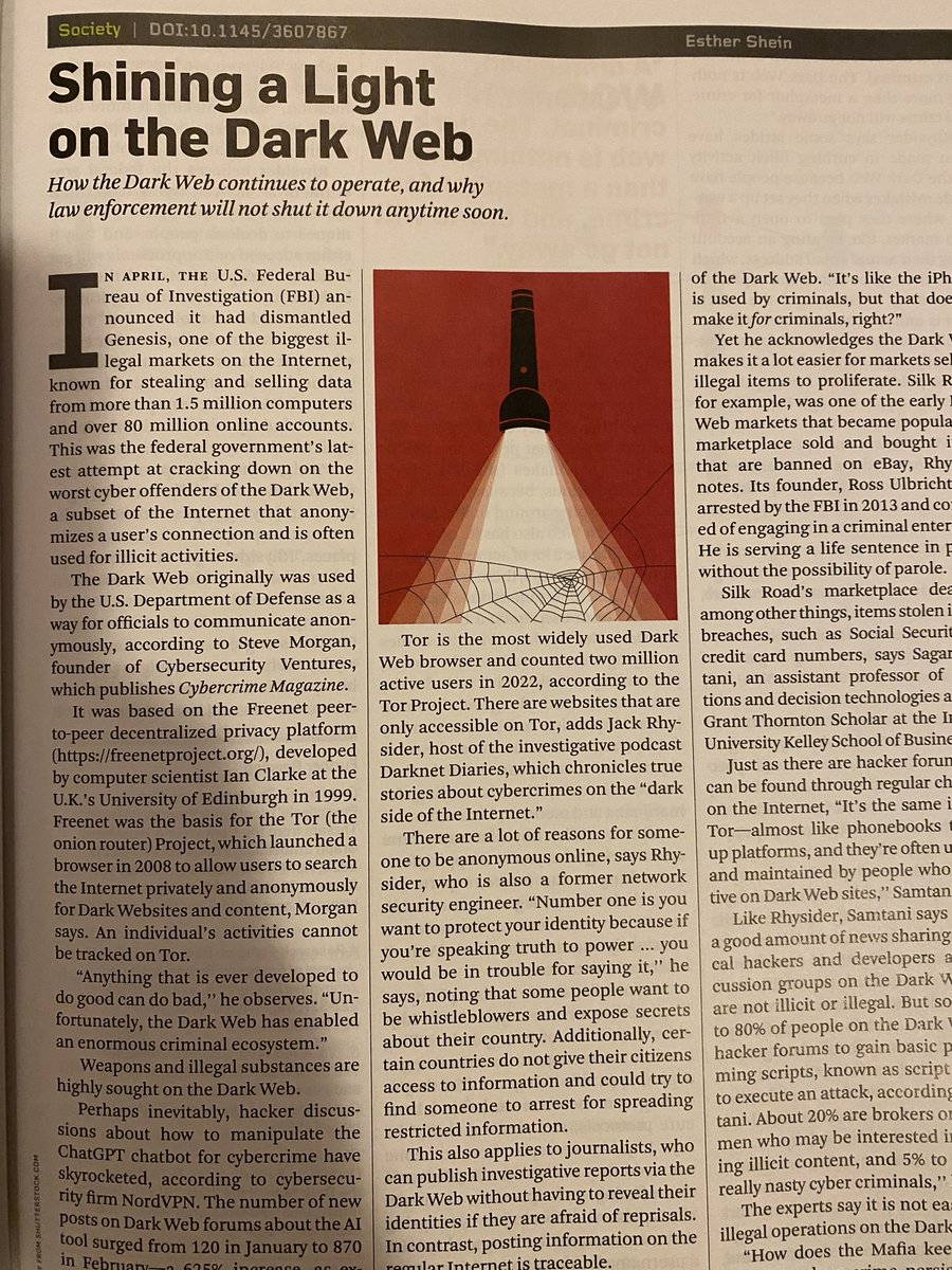 “A dimension of humanity is criminal. The #darkweb is nothing more than a metaphor for #crime, and crime will not go way”. - Steve Morgan

Read the full article/interview with <a href="/CybersecuritySF/">Steve Morgan</a> and <a href="/JackRhysider/">Jack Rhysider 🏴‍☠️</a>  at Communications of tge ACM <a href="/CACMmag/">Communications of the ACM</a>, Vol.66 No.9 page.13, Sep 2023