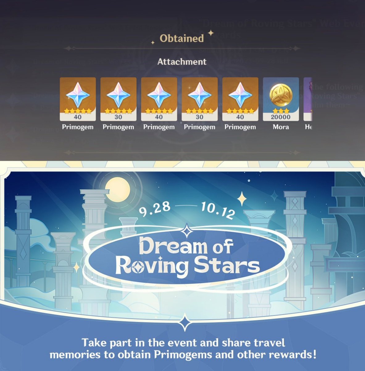 180 PROTOGEMAS ✨

Podremos obtener 180 protos al completar el evento Dream of Roving Stars de Aniversario

Enlace
hoyo.link/5n5eFBAL

#GenshinImpact #Genshin #GenshinImpact3Years #原神