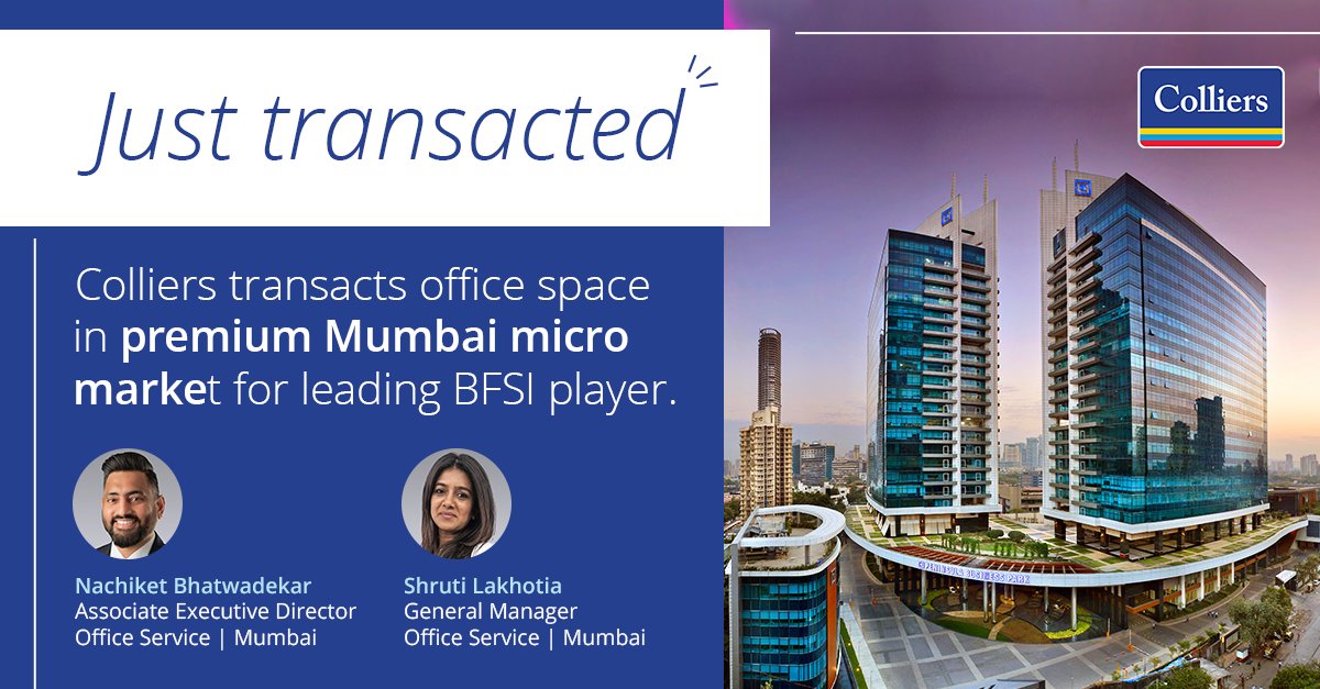 colliers_ind's tweet photo. Join us in congratulating our office services team on transacting a Grade A office space for a leading BFSI player in Mumbai.

Learn more: https://t.co/bv8ZZxslOK

#ColliersIndia #IndiaRealEstate #india #mumbai #officespace #officeleasing #leasingexperts #clientsuccess https://t.co/bh79IZSmEp