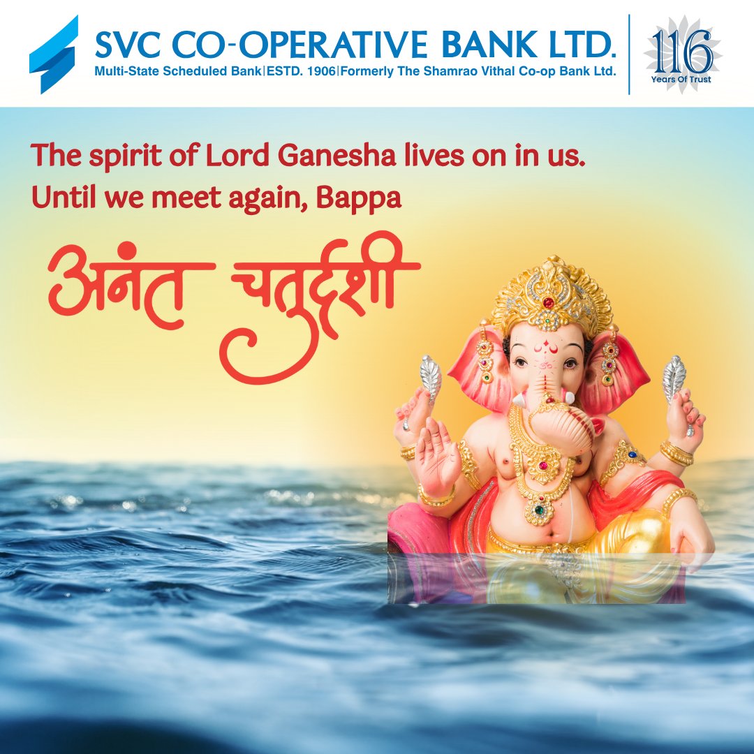 SVC_Bank's tweet photo. With hearts full of love and hope, let us together bid farewell to our dear Lord Ganesha. Until we meet again next year, we pray Bappa leaves behind a river of prosperity and joy for all.
#HumSeHaiPossible #SVCBank #Banking #SVC #AnantChaturdashi https://t.co/1YihjMntQq