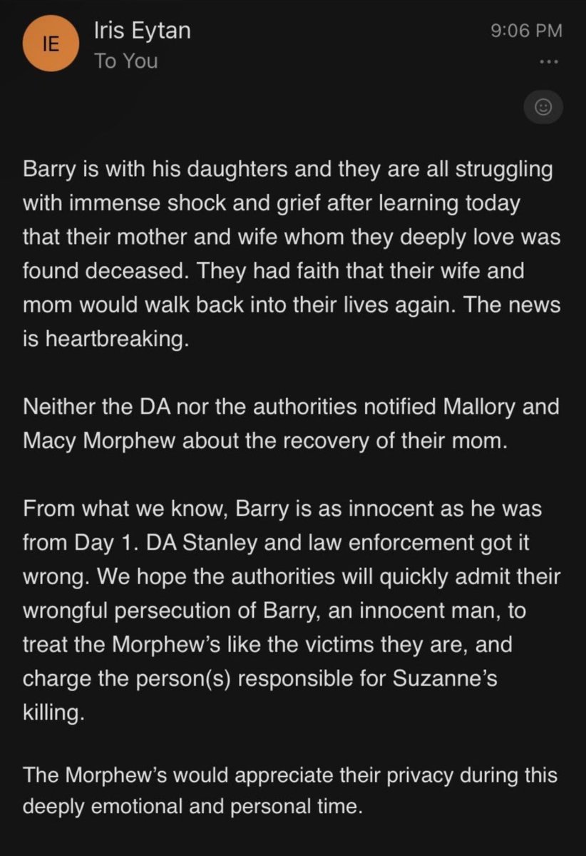 Statement from #BarryMorphew lawyer regarding #SuzanneMorphew s remains being found today.

(Yes Barry is as innocent as he was on day one…which is not the least bit innocent!)