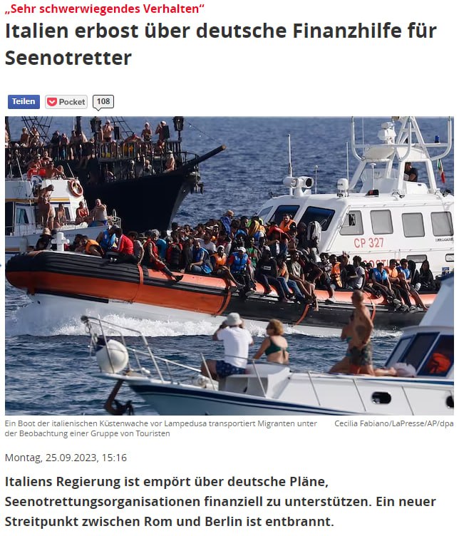 Presse berichtet, die BRD würde illegale Migration eindämmen. "Denkste" die BRD unterstützt kriminelle Schlepper mit reichlich Steuergeld, um noch mehr Migranten ins Land zu holen. Das hat nun sogar die italienische Regierung zu einem ablehnenden Statement veranlasst.