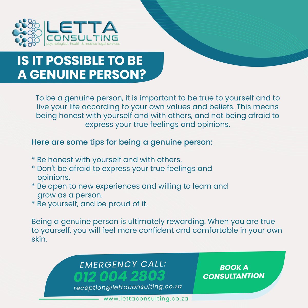 Genuine Person
#genuineperson #relationships #therapy #psychologist #mentalhealth #healthyrelationships #communication #depression #lettaconsulting

Let us help!
buff.ly/48bnwBA
Call us at: 012 004 2803
Whatsapp: 0657213258
Email: reception@lettaconsulting.co.za