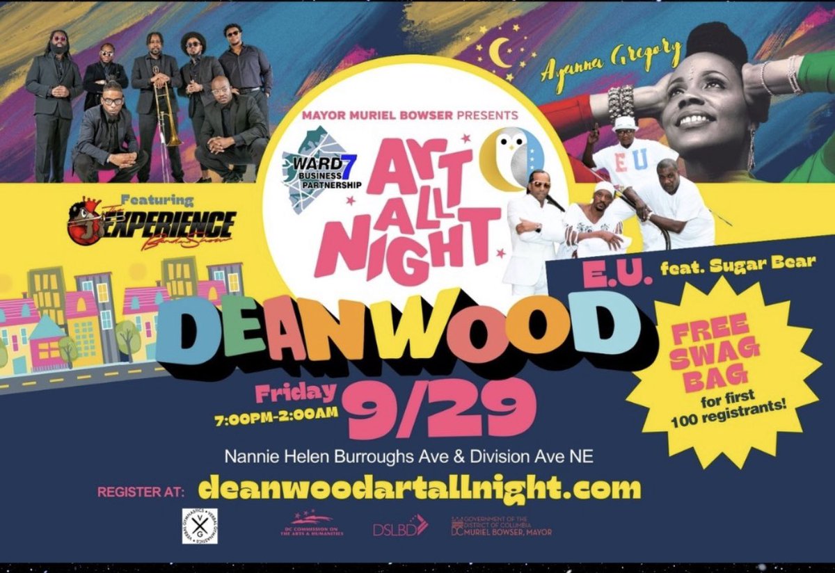 <a href="/Commanders/">Washington Commanders</a> <a href="/ArtAllNightDC/">ArtAllNightDC</a> Excited for live performances at #DeanwoodAllNight <a href="/ArtAllNightDC/">ArtAllNightDC</a> <a href="/HumanitiesDC/">HumanitiesDC</a> <a href="/Ward7Biz/">Ward 7 Business Partnership</a> #Ward7 

deanwoodartallnight.com