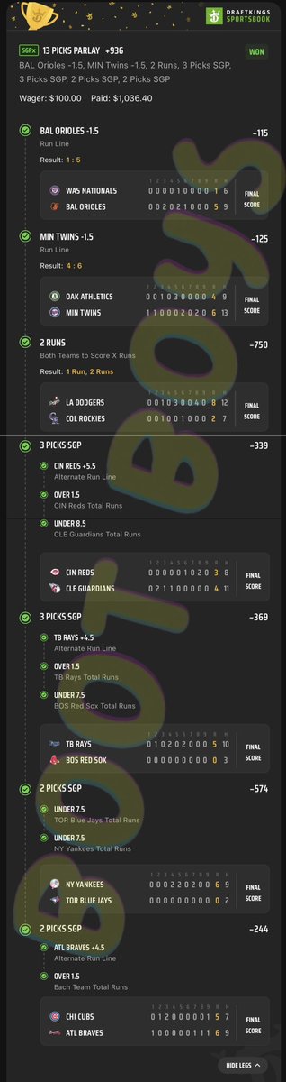 bootboyspicks's tweet image. 💰💰CASH US OUT 💰💰

Solid day considering we are at the tail end of the MLB season when crazy things tend to happen. 

✅✅ $100➡️➡️ $1036.40✅✅

✅✅ $100 Free Bet➡️➡️ $1285.10✅✅

#gambling #GamblingTwitter
#bootboys #mlbparlay #sportsbetting 
#Dodgers #Braves #Twins