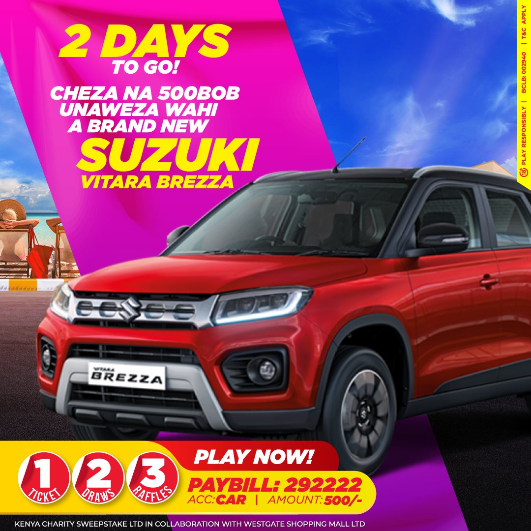 KCS_Kenya's tweet photo. GUARANTEED, SOMEONE'S LIFE MUST CHANGE THIS SATURDAY!
TO ENTER, send 500 to paybill 29 22 22 account CAR
Win a car na @WestgateMallKe & kenyaCharitySweepstake
plus upto 1.25MILLION tonight at 9pm!!
https://t.co/Puwst1zr39
#WinACarNaLottoBomba #BeAWinner #50yearsofwinning https://t.co/UkCs8GpzlG