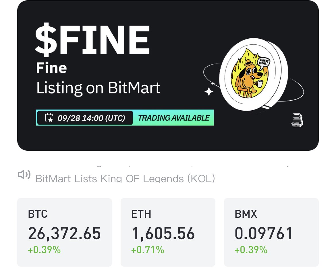 #FINE $FINE HERE WE GO LISTING ON #bitmart tomorrow #pepe $pepe #doge #btc #eth #bnb #xrp also a tier 1 exchange in the works and not to mention it was live on espn as well this is massive for #fine t.me/FINEerc join the tg