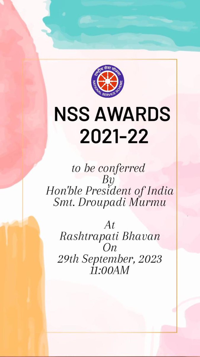 Are you excited!! NSS Awards 2021-22 to be conferred by Hon'ble President of India Smt. Droupadi Murmu on 29th September, 2023 at Rashtrapati Bhavan, New Delhi Stay tuned for all updates #NSSAwards🏆