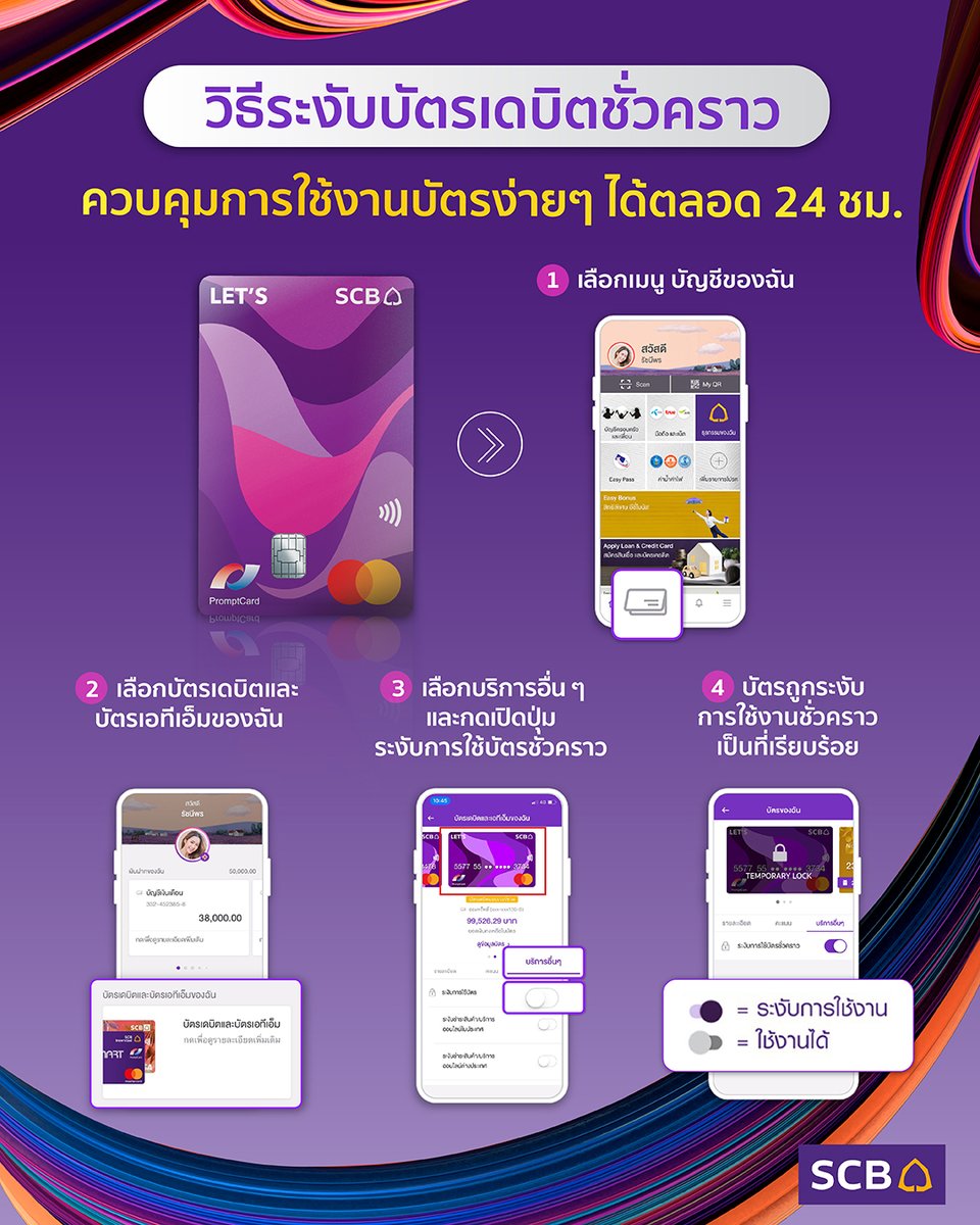 scb_thailand's tweet photo. วิธีระงับบัตรเดบิตชั่วคราว สามารถควบคุมการใช้งานบัตรง่ายๆ ได้ตลอด 24 ชม. ทำเองได้สบายๆ ผ่านแอป SCB EASY 📱
#SCBDebitcard #SCBEASY https://t.co/i6dFAgomCG