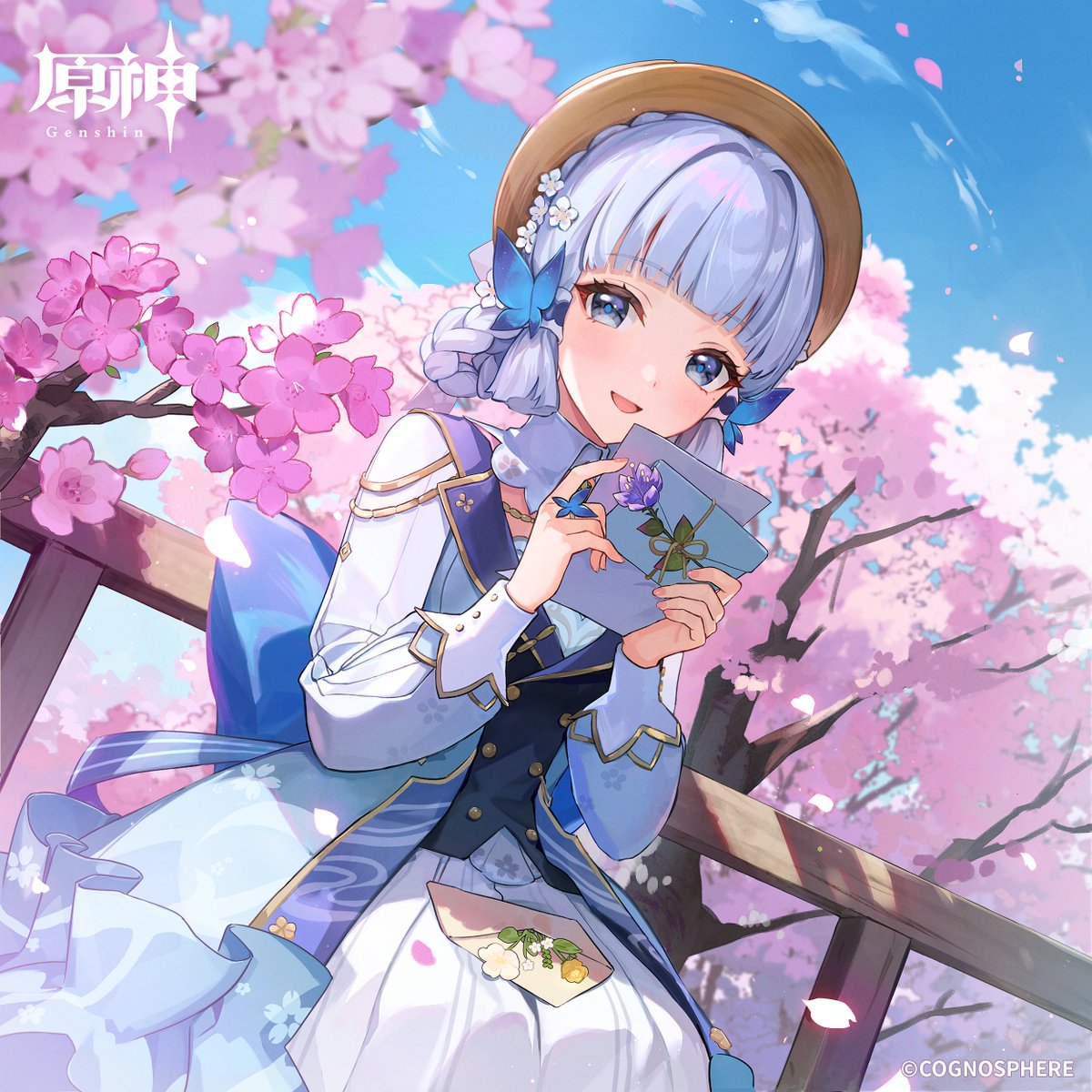 1girl blue eyes solo hair ornament cherry blossoms hat smile  illustration images