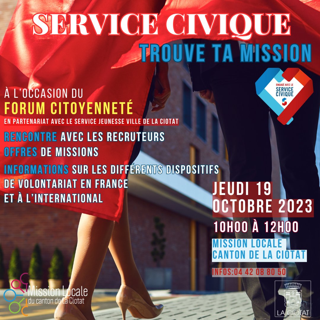 Rdv le 19 octobre de 10h à 12h pour trouver ta mission #Servicecivique #Missionlocale canton de #LaCiotat
<a href="/UNmissionlocale/">UNML</a> <a href="/ServiceCivique/">Service Civique</a> <a href="/VilledeLaCiotat/">Ville de La Ciotat</a>