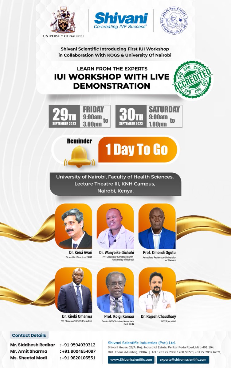 TheKOGSociety's tweet photo. 1 Day to go!!
Register now for the First IUI Workshop, presented by KOGS, University of Nairobi, and Shivani on September 29th and 30th, 2023.
https://t.co/Rk1Ub2hQNW
Don't miss this incredible chance to enhance your knowledge!
#IUIWorkshop
#KOGS
#KOGSNawe
#UON https://t.co/ID0ub03QUp