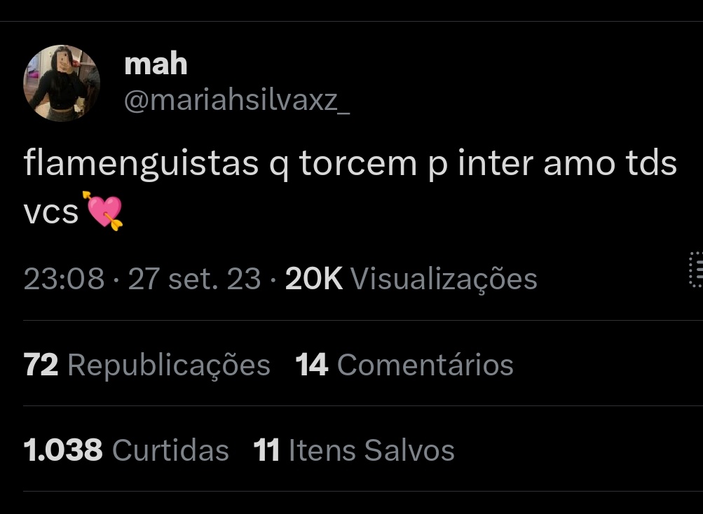 Flafocalizando's tweet photo. 🚨 𝐕𝐈𝐑𝐀𝐋𝐈𝐙𝐎𝐔: a torcedora colorada Mah, fez um tweet dizendo que ama os rubro-negros que estão torcendo pro Internacional chegar a final da Libertadores. União sinixtra #FlaInter
📸 Intertt https://t.co/ijQe4TRYxX