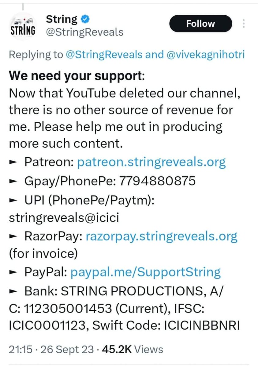 IndianChristion's tweet photo. He used to do videos for livelihood. understand PPL. His followers pls support him as he lost his only source of income. @StringReveals https://t.co/7oAmv7sVQV