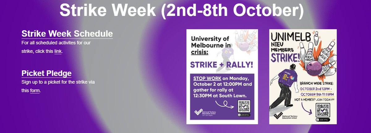 #unimelbstrikes 2nd - 8th October!

Strike Week Schedule

For all scheduled activites for our strike, click this canva.com/design/DAFvpJl… .

Picket Pledge
Sign up to a picket for the strike via this form docs.google.com/forms/d/e/1FAI….

✊✊✊✊✊