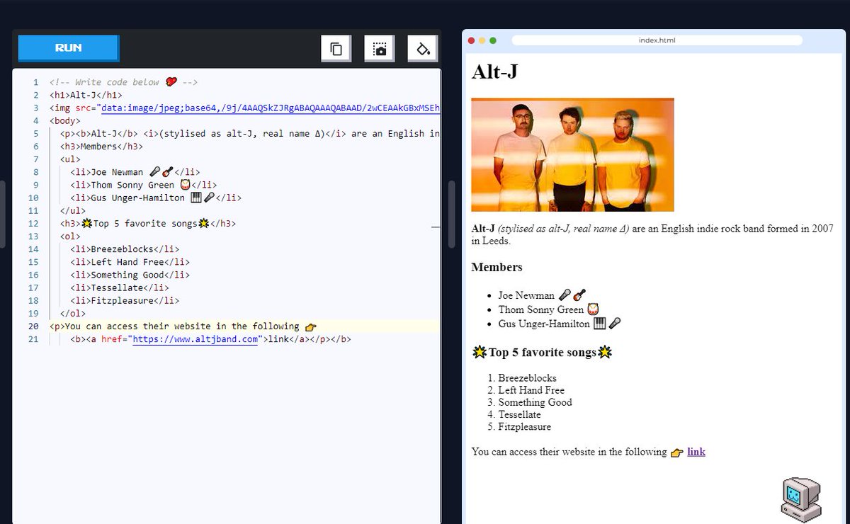 Jokequeenv's tweet photo. Favorite Band Website 🎸 #CodedexFavoriteBand #HTML @codedex_io #AltJ https://t.co/KeEOCVTh9V
